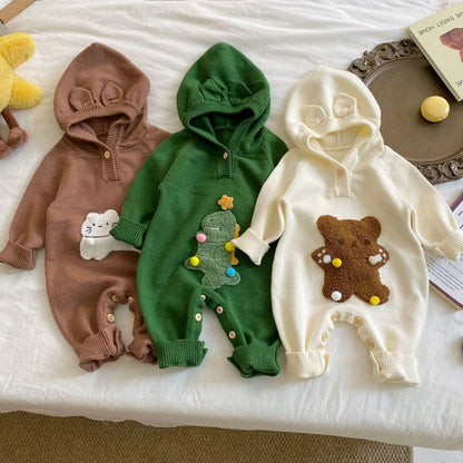 One Piece Long Sleeve Hooded Cotton Plush Baby Romper
