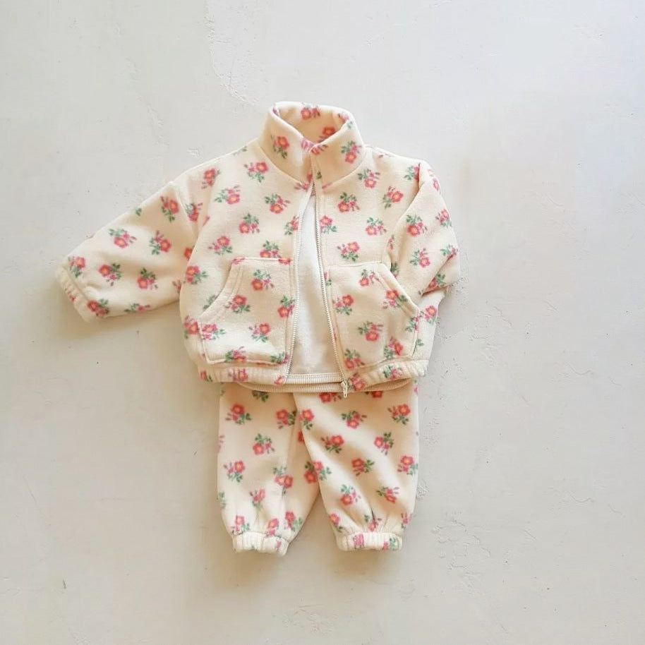 🌸 Baby Girl Floral Fleece Tracksuit – Zip Jacket & Pants 2-Piece Winter Set 👶✨