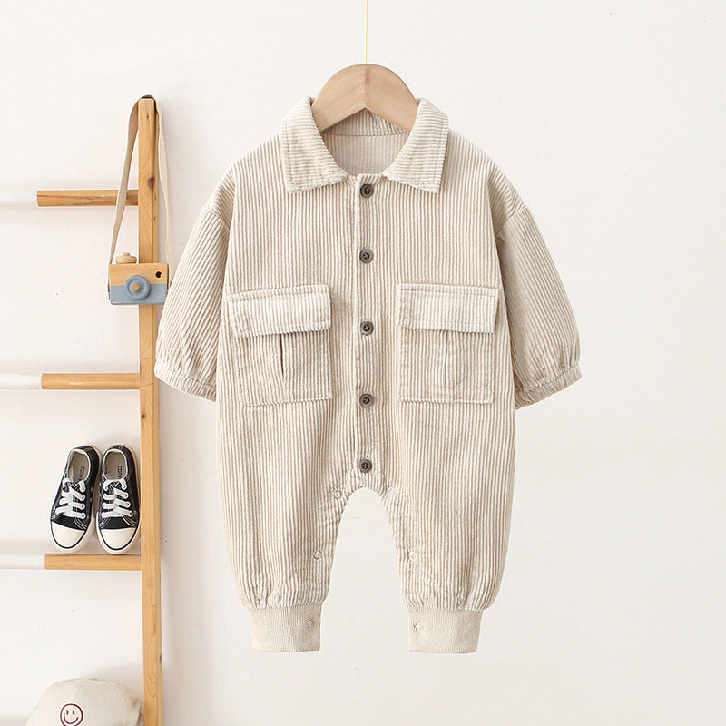 🧸 Baby Corduroy Romper – Long Sleeve Button-Up One Piece Outfit 👶✨