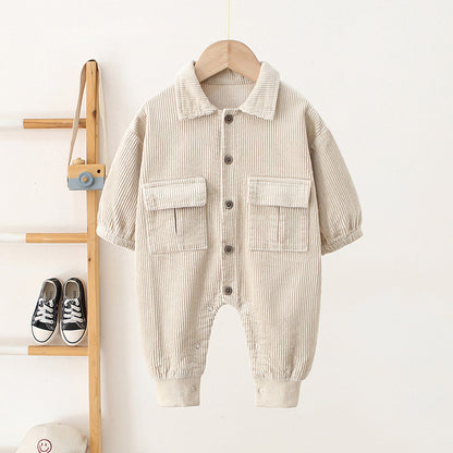 🧸 Baby Corduroy Romper – Long Sleeve Button-Up One Piece Outfit 👶✨
