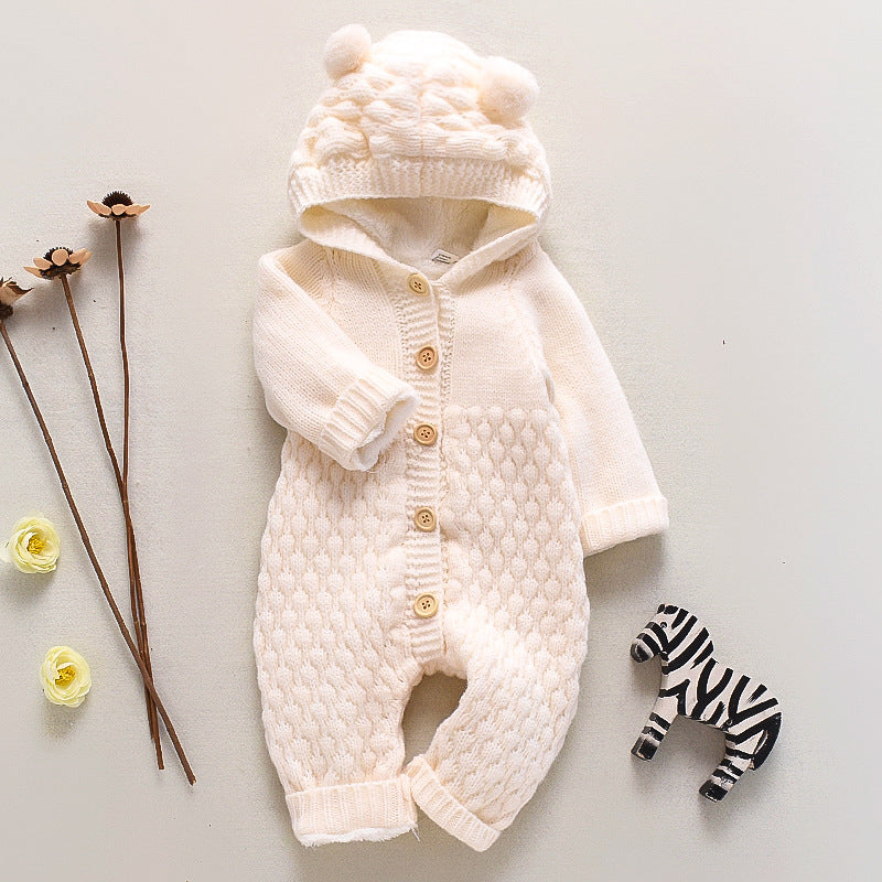 🧸 Baby Knit Hooded Romper – Warm, Cozy & Adorable 👶❄️