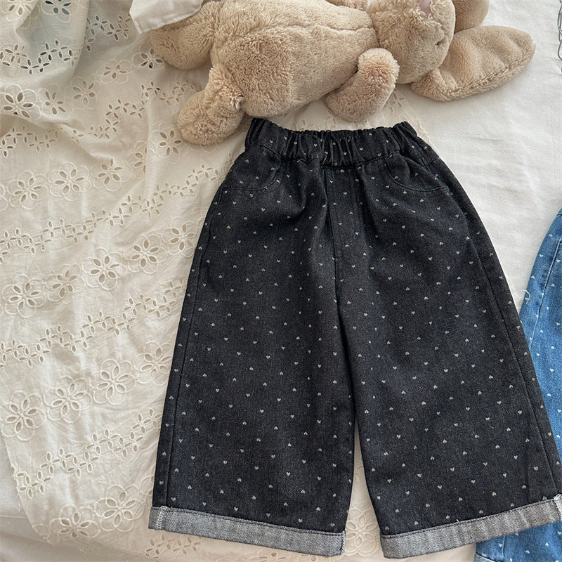🖤 Kids Heart Print Denim Pants – Cute & Comfy 👖✨