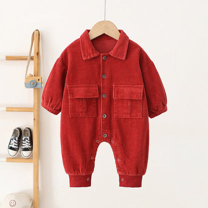 🧸 Baby Corduroy Romper – Long Sleeve Button-Up One Piece Outfit 👶✨
