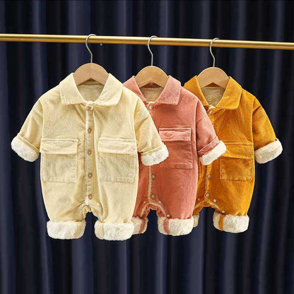 🧸 Baby Corduroy Winter Romper – Warm Fleece-Lined One Piece Outfit 👶❄️