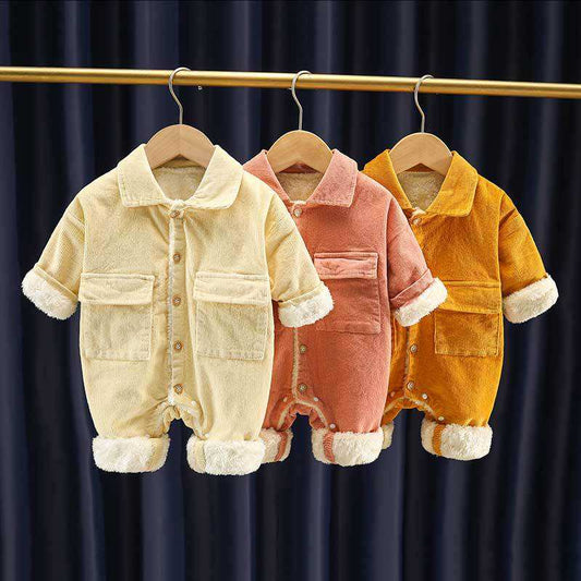 🧸 Baby Corduroy Winter Romper – Warm Fleece-Lined One Piece Outfit 👶❄️