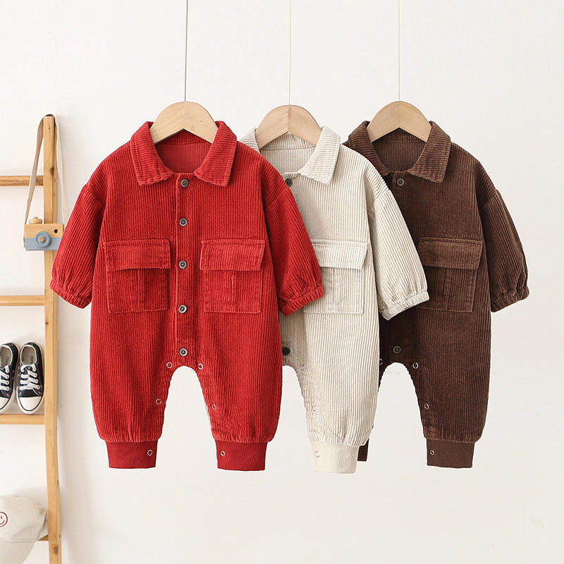 🧸 Baby Corduroy Romper – Long Sleeve Button-Up One Piece Outfit 👶✨