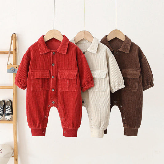 🧸 Baby Corduroy Romper – Long Sleeve Button-Up One Piece Outfit 👶✨