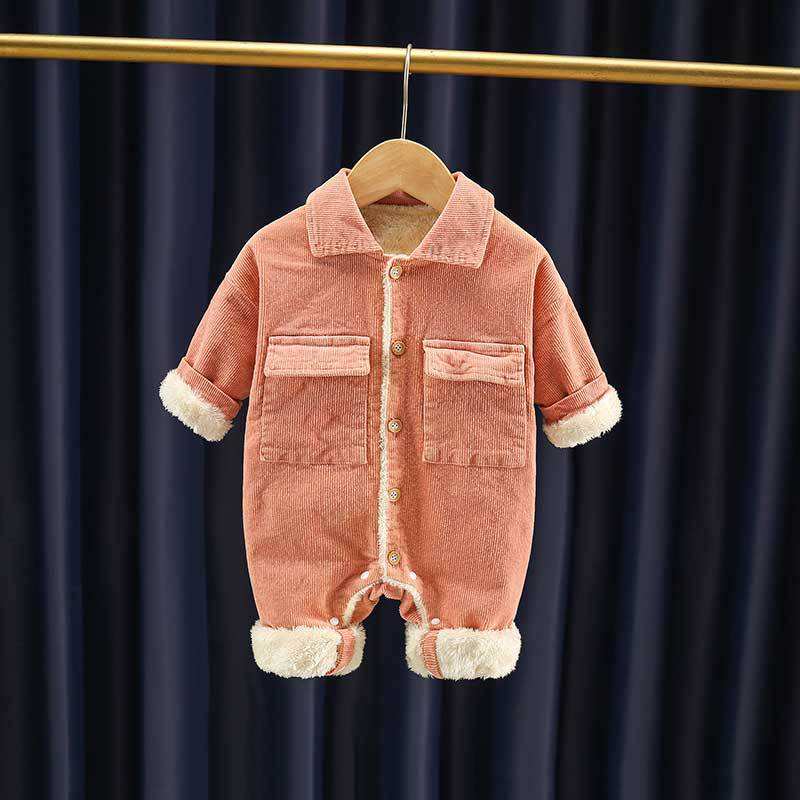🧸 Baby Corduroy Winter Romper – Warm Fleece-Lined One Piece Outfit 👶❄️