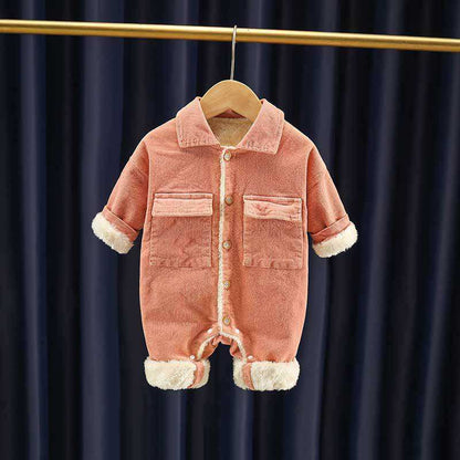 🧸 Baby Corduroy Winter Romper – Warm Fleece-Lined One Piece Outfit 👶❄️
