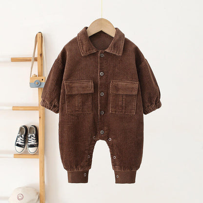 🧸 Baby Corduroy Romper – Long Sleeve Button-Up One Piece Outfit 👶✨