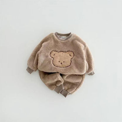 🧸 Baby Teddy Fleece Outfit Set – Warm Sweatshirt & Pants 2-Piece Winter Set 👶❄️