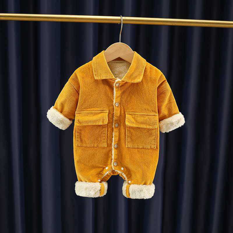 🧸 Baby Corduroy Winter Romper – Warm Fleece-Lined One Piece Outfit 👶❄️