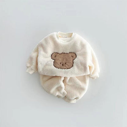 🧸 Baby Teddy Fleece Outfit Set – Warm Sweatshirt & Pants 2-Piece Winter Set 👶❄️