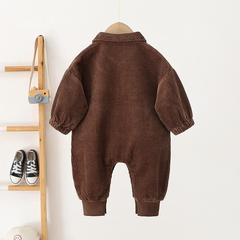🧸 Baby Corduroy Romper – Long Sleeve Button-Up One Piece Outfit 👶✨