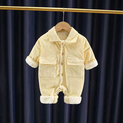 🧸 Baby Corduroy Winter Romper – Warm Fleece-Lined One Piece Outfit 👶❄️