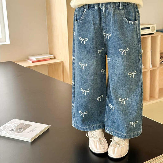 🎀 Kids Bow Pattern Denim Pants – Sweet & Stylish 👖✨