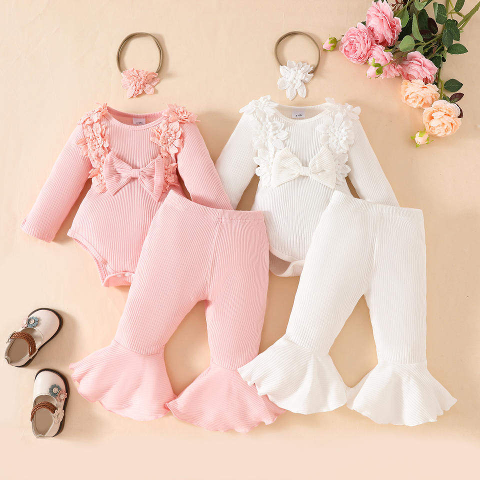 🌸 Baby Girl 3-Piece Outfit Set – Floral Ribbed Bodysuit & Flare Pants Princess Set 👶✨