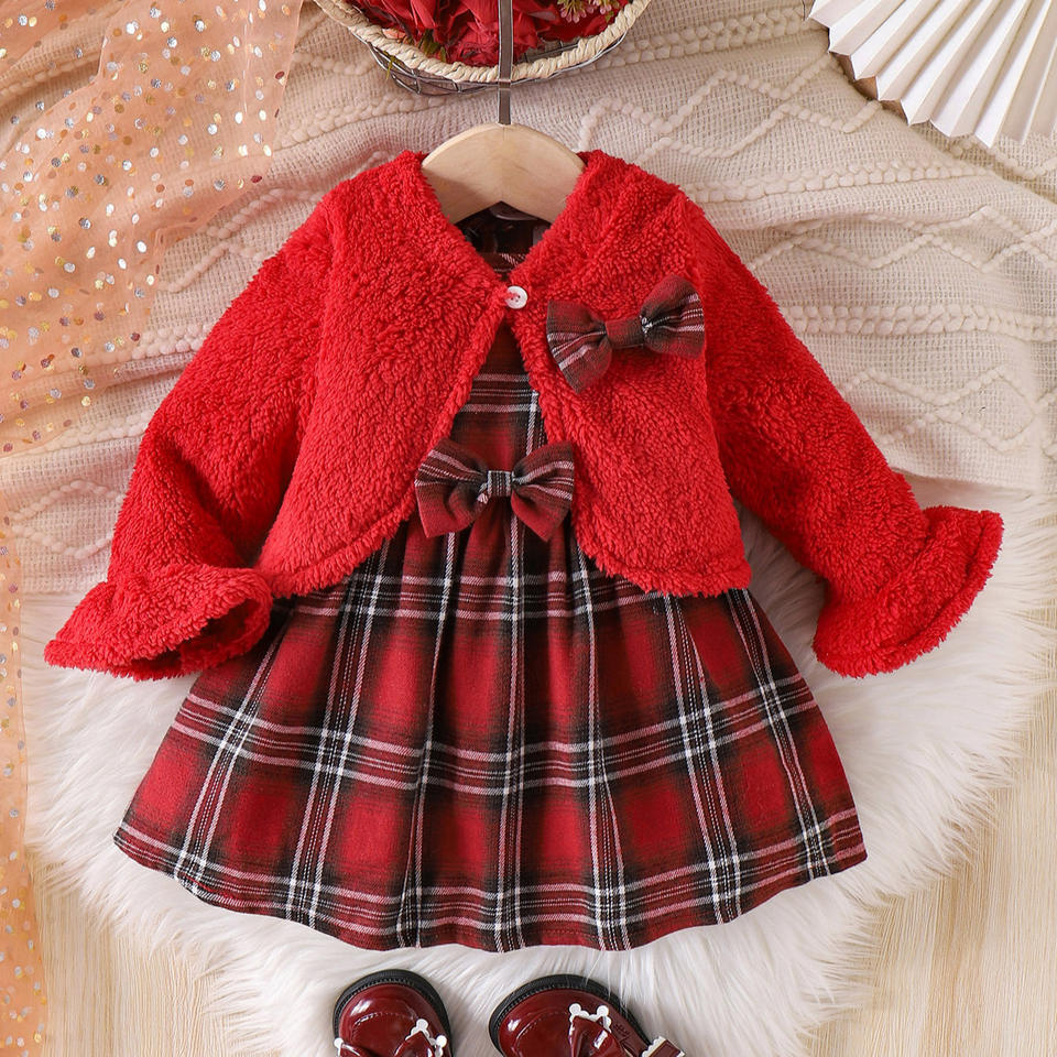 🎀 Baby Girl Winter Dress Set – Elegant Red Plaid Outfit ❄️❤️