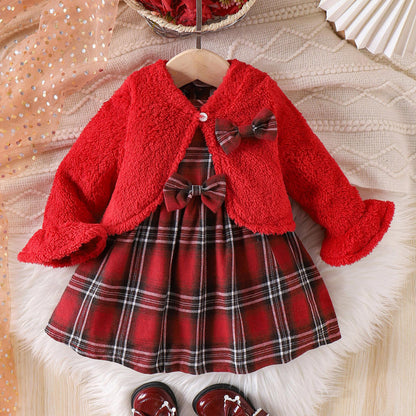 🎀 Baby Girl Winter Dress Set – Elegant Red Plaid Outfit ❄️❤️