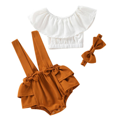 🍊 Baby Girl Summer Outfit Set – Off-Shoulder Top & Suspender Romper with Headband 👶✨