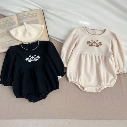 🌸 Baby Girl Elegant Floral Romper – Classic Long Sleeve One-Piece 👶🤍