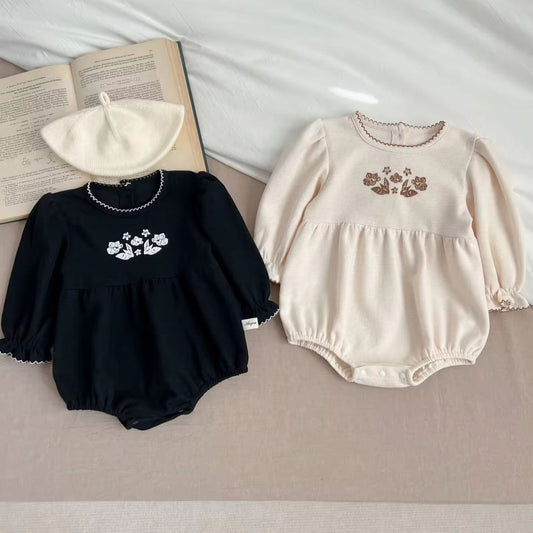🌸 Baby Girl Elegant Floral Romper – Classic Long Sleeve One-Piece 👶🤍