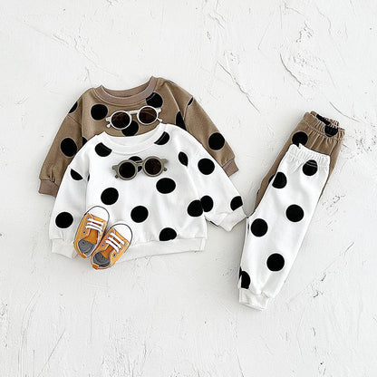 ⚫ Baby Polka Dot Outfit Set – Cotton Sweatshirt & Pants 2-Piece Tracksuit 👶✨