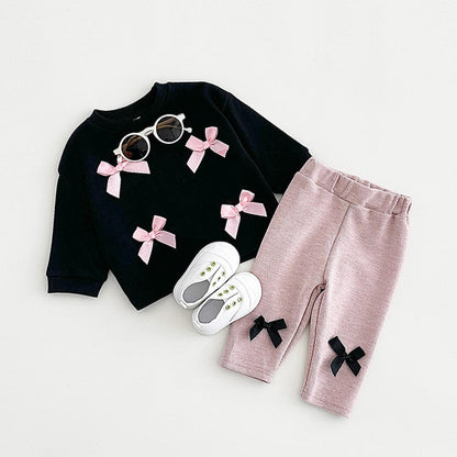 🎀 Baby Girl Bow Outfit Set – Long Sleeve Sweatshirt & Ribbed Pants 2-Piece Set 👶✨