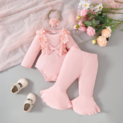 🌸 Baby Girl 3-Piece Outfit Set – Floral Ribbed Bodysuit & Flare Pants Princess Set 👶✨