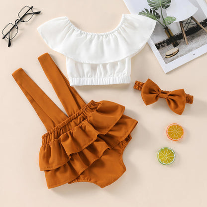 🍊 Baby Girl Summer Outfit Set – Off-Shoulder Top & Suspender Romper with Headband 👶✨