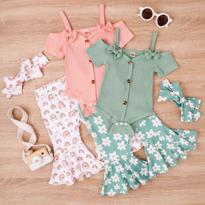 🌸 Baby Girl Summer Outfit Set – Off-Shoulder Romper + Flare Pants 👶✨