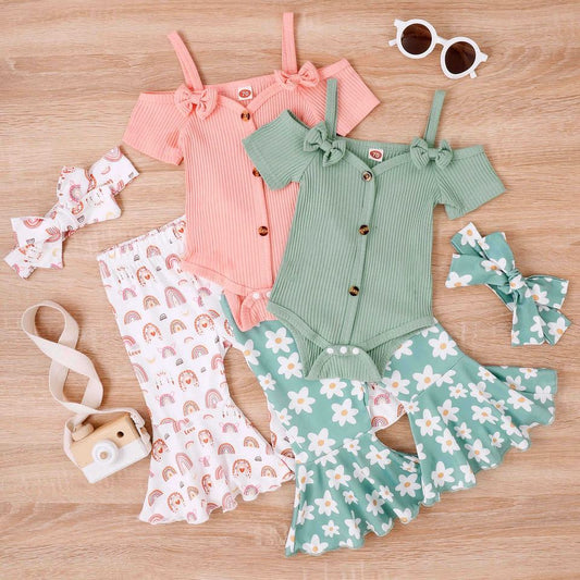 🌸 Baby Girl Summer Outfit Set – Off-Shoulder Romper + Flare Pants 👶✨
