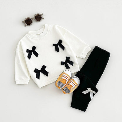 🎀 Baby Girl Bow Outfit Set – Long Sleeve Sweatshirt & Ribbed Pants 2-Piece Set 👶✨
