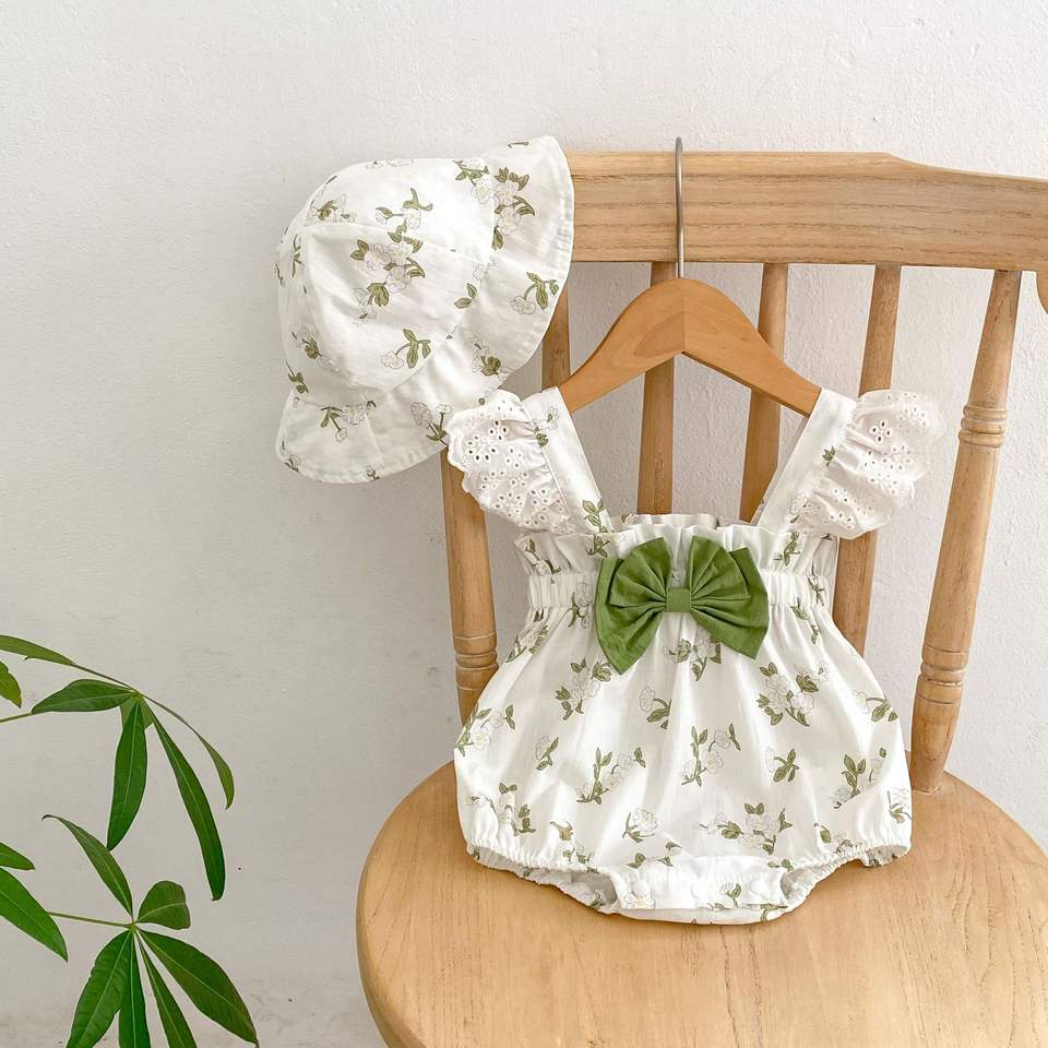 🌿 Baby Girl Vintage Floral Romper Set – Sweet Summer Outfit 👶💚