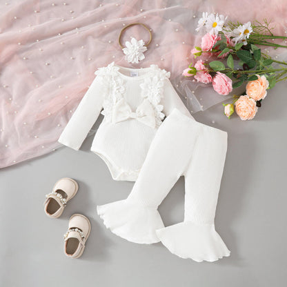 🌸 Baby Girl 3-Piece Outfit Set – Floral Ribbed Bodysuit & Flare Pants Princess Set 👶✨