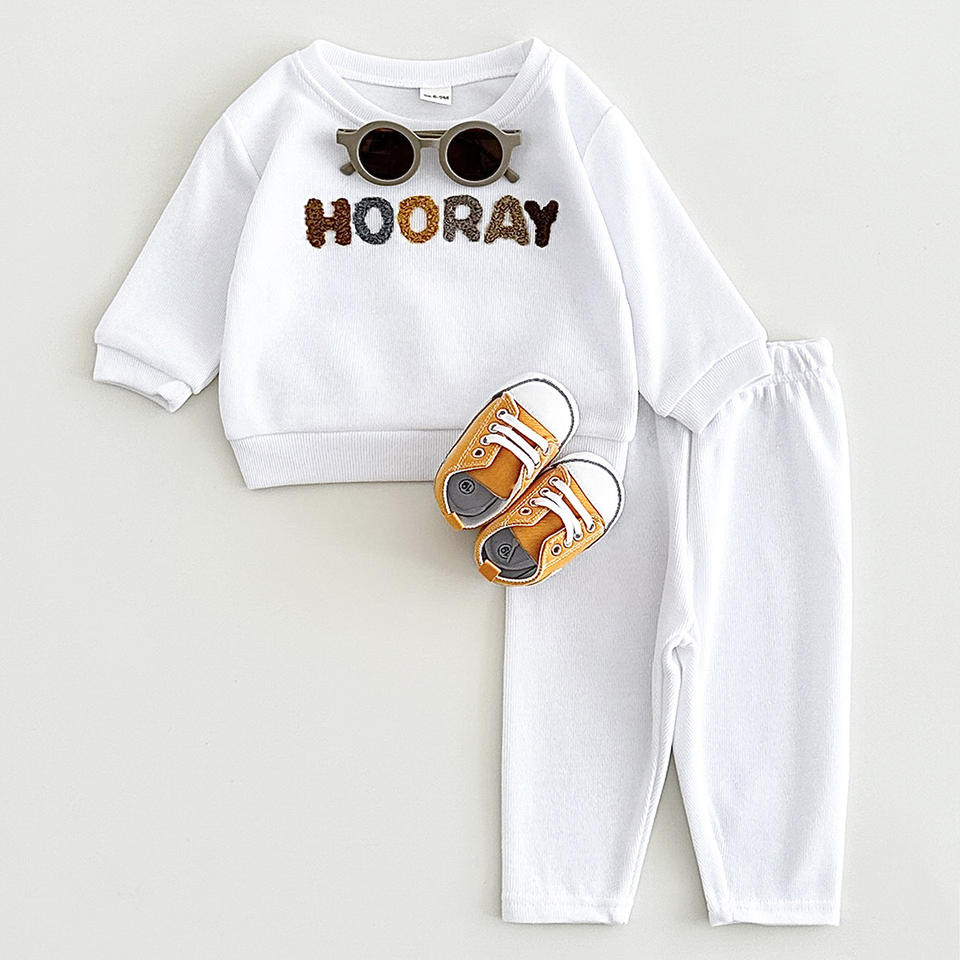 🤍 Baby “HOORAY” Outfit Set – Cotton Sweatshirt & Pants 2-Piece Tracksuit 👶✨