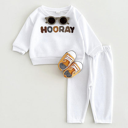 🤍 Baby “HOORAY” Outfit Set – Cotton Sweatshirt & Pants 2-Piece Tracksuit 👶✨