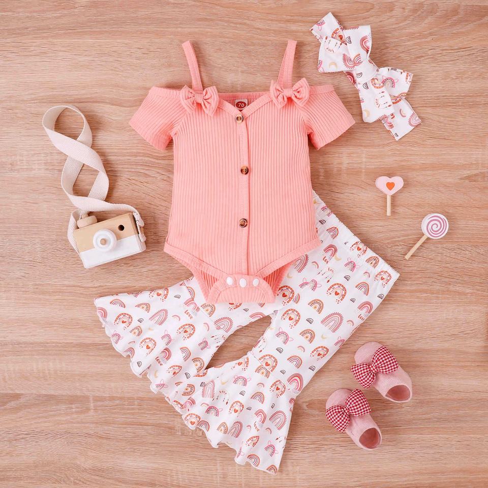 🌸 Baby Girl Summer Outfit Set – Off-Shoulder Romper + Flare Pants 👶✨