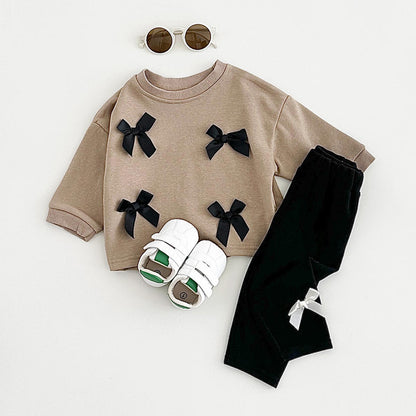 🎀 Baby Girl Bow Outfit Set – Long Sleeve Sweatshirt & Ribbed Pants 2-Piece Set 👶✨