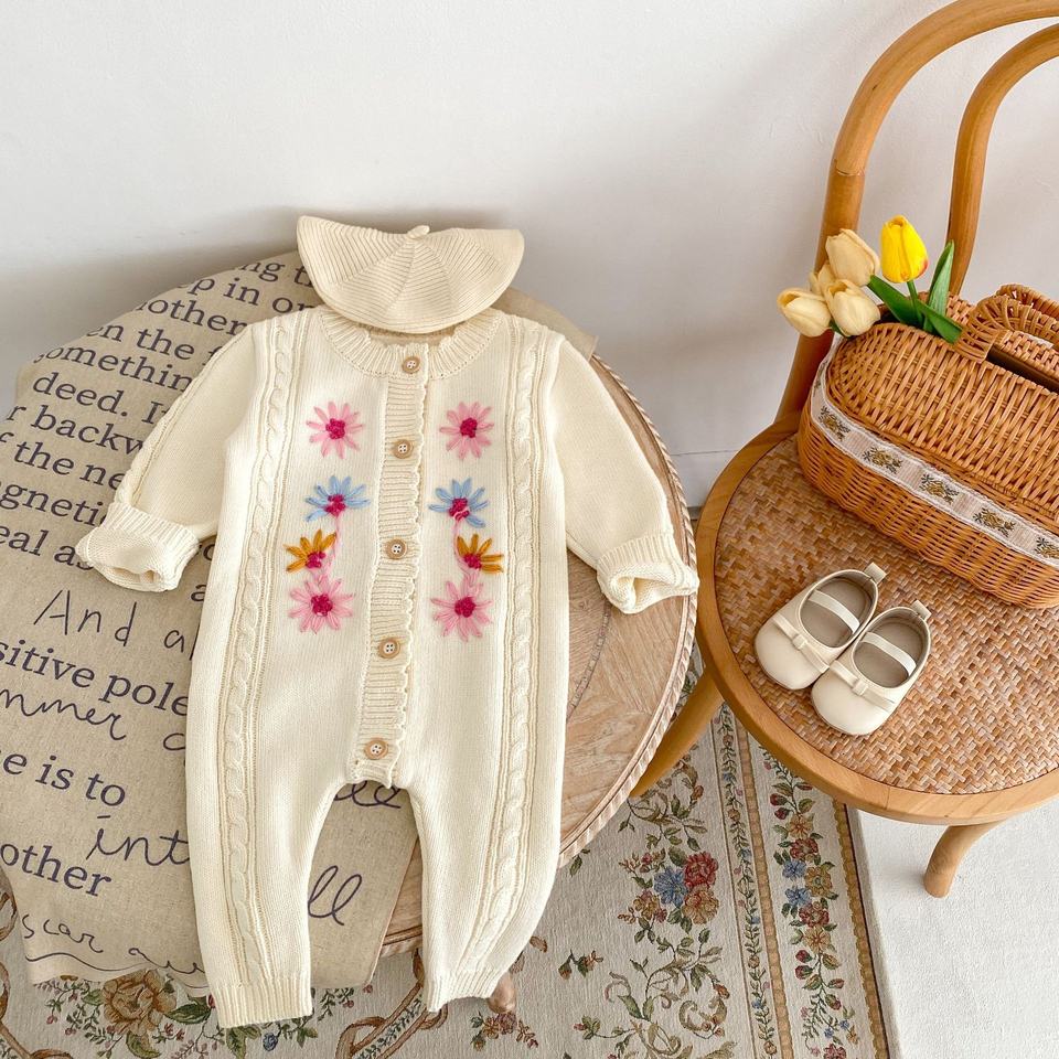 🌸 Knitted Baby Romper with Floral Embroidery – Cozy & Elegant 👶✨