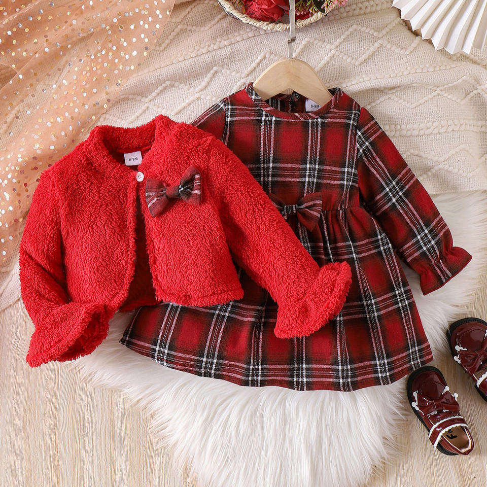 🎀 Baby Girl Winter Dress Set – Elegant Red Plaid Outfit ❄️❤️