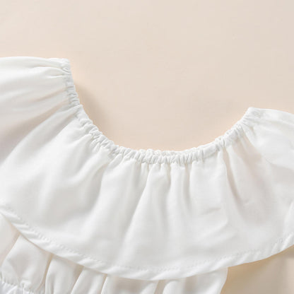 🍊 Baby Girl Summer Outfit Set – Off-Shoulder Top & Suspender Romper with Headband 👶✨