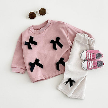 🎀 Baby Girl Bow Outfit Set – Long Sleeve Sweatshirt & Ribbed Pants 2-Piece Set 👶✨