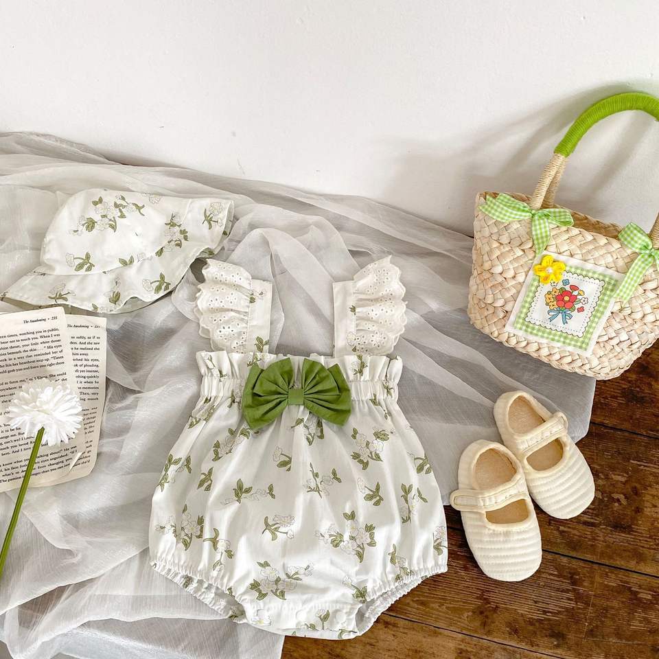 🌿 Baby Girl Vintage Floral Romper Set – Sweet Summer Outfit 👶💚