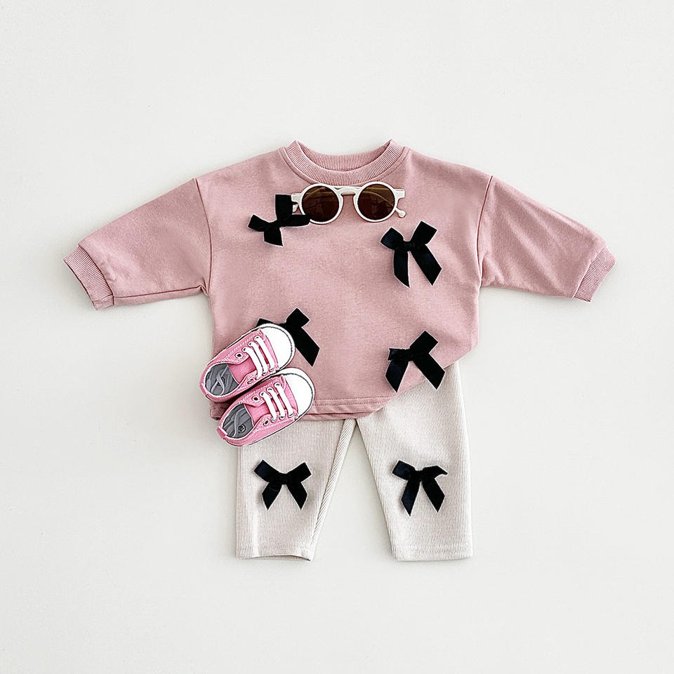 🎀 Baby Girl Bow Outfit Set – Long Sleeve Sweatshirt & Ribbed Pants 2-Piece Set 👶✨