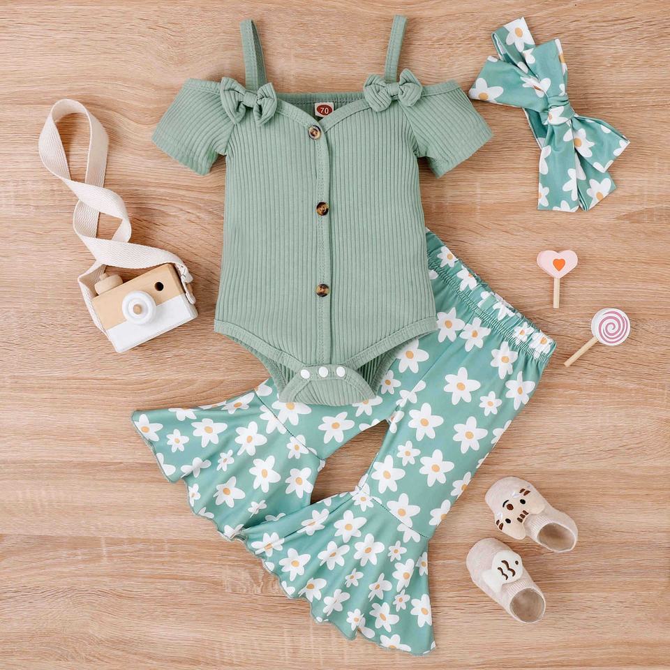 🌸 Baby Girl Summer Outfit Set – Off-Shoulder Romper + Flare Pants 👶✨
