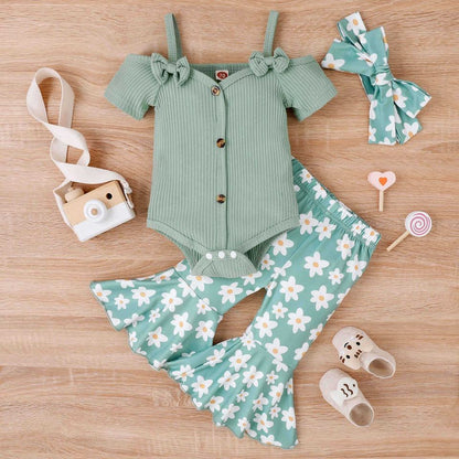 🌸 Baby Girl Summer Outfit Set – Off-Shoulder Romper + Flare Pants 👶✨