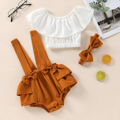 🍊 Baby Girl Summer Outfit Set – Off-Shoulder Top & Suspender Romper with Headband 👶✨