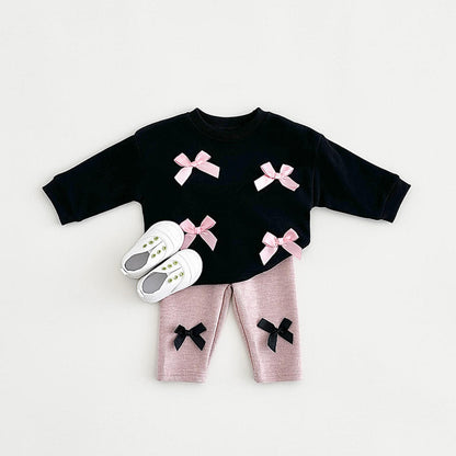 🎀 Baby Girl Bow Outfit Set – Long Sleeve Sweatshirt & Ribbed Pants 2-Piece Set 👶✨
