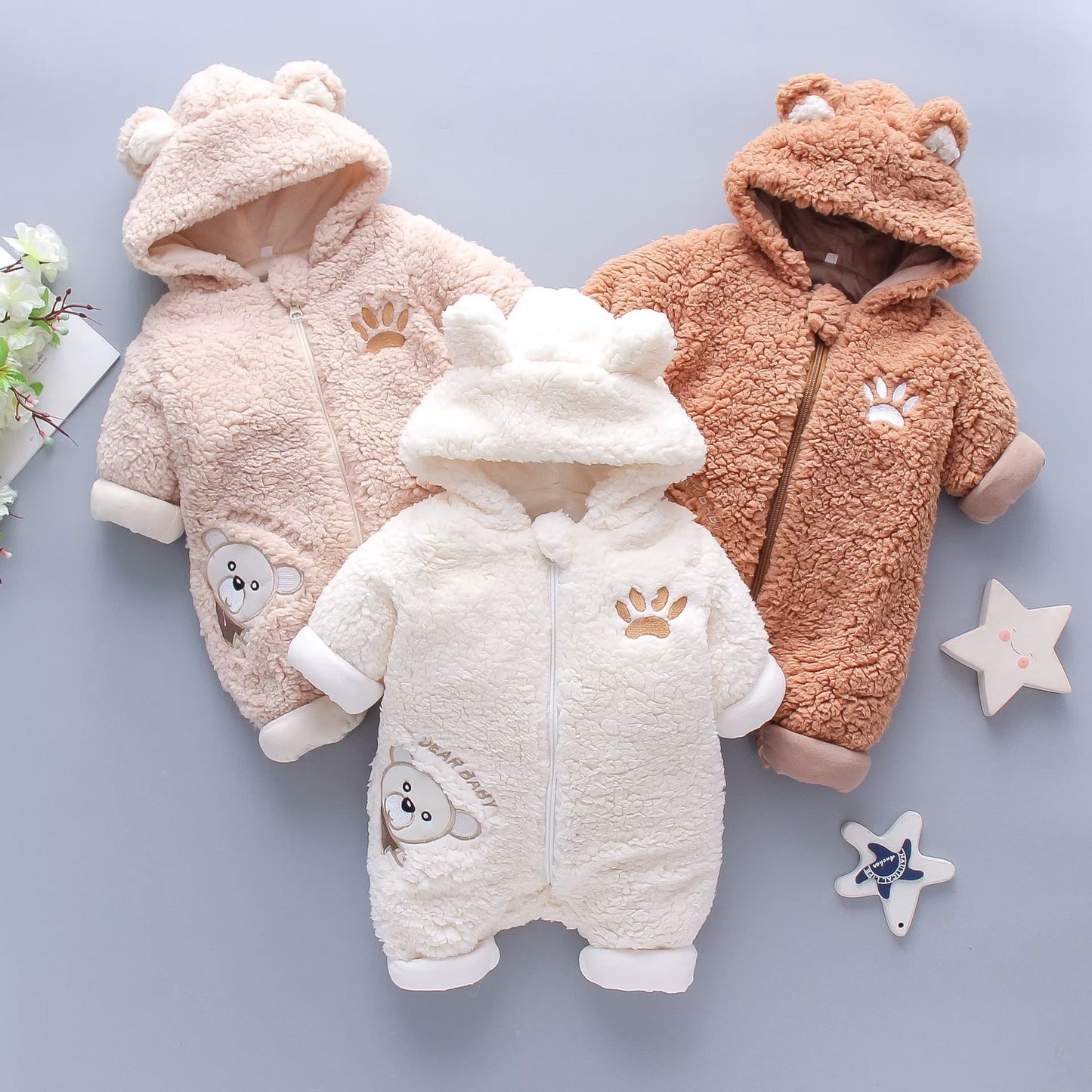🧸 Baby Plush Hooded Romper – One Piece Long Sleeve Winter Teddy Jumpsuit 👶❄️